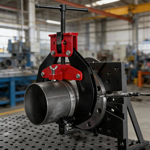 Pipe Clamp Two To Six Inches Quick Release T Handle Welding Alignment Tool securing a pipe in an industrial setting.