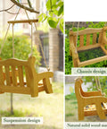 Set Of 2 Wooden Swing Bird Feeders For Outdoor Hangin With Metal Mesh Bottom, bench style design, wood material detail
