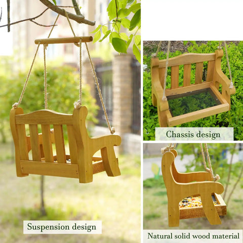 Set Of 2 Wooden Swing Bird Feeders For Outdoor Hangin With Metal Mesh Bottom, bench style design, wood material detail
