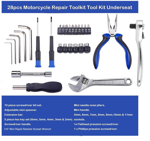 Compact 29 Piece Motorcycle Tool Kit For Underseat Storage On The Go Roadside Repair Essentials with pliers, wrench, and bits