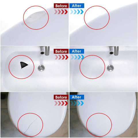 Tile and Fiberglass Tub Repair Kit With Color Matching For Porcelain Sinks, Granite, Marble, Quartz, Ceramic And Shower Surfaces To Fix Chips, Cracks, Scratches, Holes With A Wide Palette Of Color Options For Easy Seamless Repairs shown in use before and after on various surfaces.