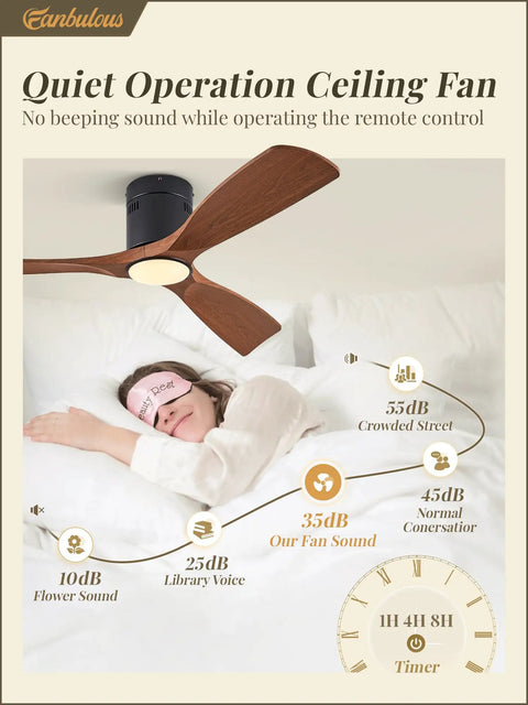 52 Inch Ceiling Fan With Lights And Remote Modern Flush Mount 3 Color Temperatures LEDs Quiet DC Motor 6 Speed Settings Timer
