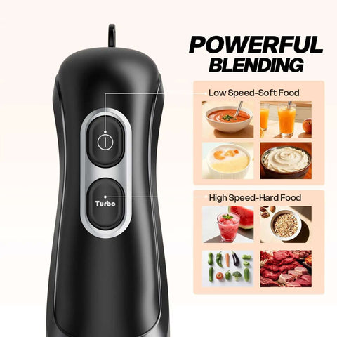 Game Changer Corded Immersion Blender Powered By 400 Watt Copper Motor With Two Adjustable Speeds For Buttery Smooth Soups Quick Gravies And Tender Baby Purees Bpa Free, showing speed settings for soft and hard foods.