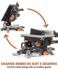 8-1/4 Inch Convertible Miter And Table Saw for Wood, Plastic, Metal Cutting, demonstrating mode change in 5 seconds