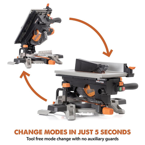 8-1/4 Inch Convertible Miter And Table Saw for Wood, Plastic, Metal Cutting, demonstrating mode change in 5 seconds