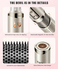 Details of Eight In One Hot Air Styler And Hair Dryer Brush, showing lock, detachable filter, bristles, and noise reduction design.