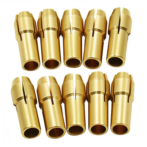 Brass Three Jaw Drill Chuck Set For Rotary Tools With 0.5mm To 3.2mm Collets in a row, highlighting brass material.