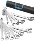 11 Piece Flare Nut Wrench Set Pro Grade Heavy Duty SAE And Metric Fits Quarter To Seven Eighths Inch And 9 To 21 mm CRV Steel Brake Line Wrenches With Rolling Pouch Six Point Open Heads Durable Chrome Vanadium Build displayed with pouch