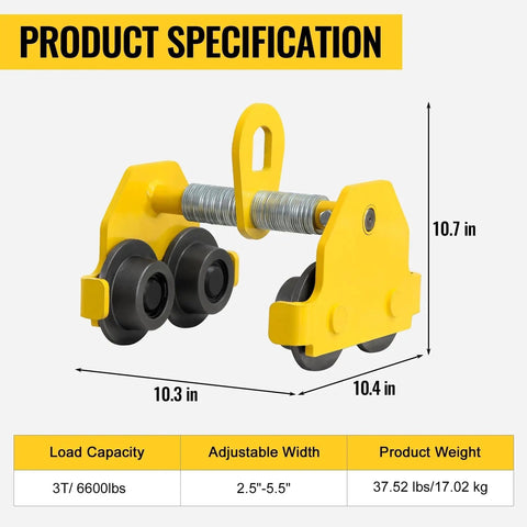 Beefy Heavy Duty Beam Trolley Hoist For 3 Ton Load Capacity Up To 6600 Lbs With Dual Track Rollers And Adjustable 2.5 To 5 Inch Flange For I Beam Steel Lifting And Precise Manual Or Electric Positioning, yellow steel trolley, 10.7 in