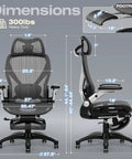 X100 Ergonomic Mesh Office Chair With Footrest dimensions and features in side and front view