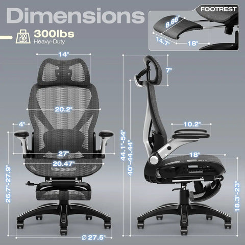 X100 Ergonomic Mesh Office Chair With Footrest dimensions and features in side and front view