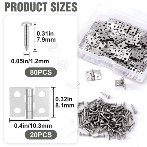 Miniature Jewelry Box Hinges for Crafts 20 Sets Metal Butt Hinges 10.3x8.1mm with Screws shown in packaging and dimensions