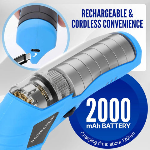 Powerful Heavy Duty Cordless Electric Scissors For Cardboard And Box Cutting With Safety Lock Rechargeable Cutter Kit Includes Two Extra Blades Protective Case Charging Cable And Manual, 2000mAh battery
