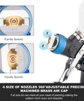 Close-up of Heavy Duty Hvlp Gravity Feed Spray Gun With Triple Adjust Dials And Air Gauge showing matched nozzles for precise painting.