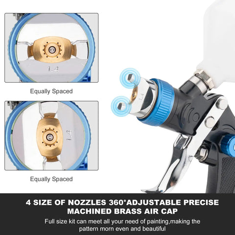 Close-up of Heavy Duty Hvlp Gravity Feed Spray Gun With Triple Adjust Dials And Air Gauge showing matched nozzles for precise painting.