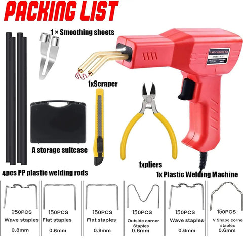2 In 1 Plastic Welding Repair Kit components with 1000 hot staples, 4 welding rods, heat gun, pliers, knife, staples gun for car repairs