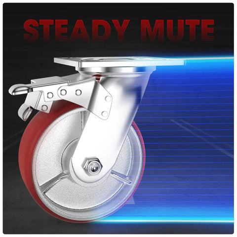 Heavy Duty 6 Inch Caster Set With Two Locking Brakes Four Pack Swivel And Fixed Wheels Polyurethane On Steel