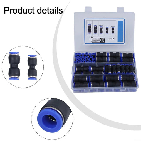 Top Notch 80 Piece Pneumatic Push Connector Kit With Air Line Fittings For Quick Install On 4Mm To 12Mm Pu Hoses And Tubes Perfect For Home Shop Projects Without Any Tools, black and blue push fittings in plastic case