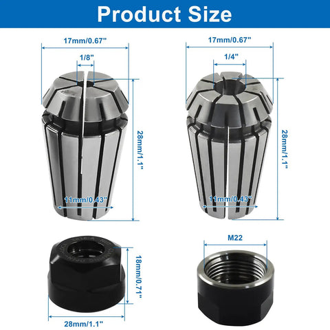 ER16 Spring Collet Nut Set For CNC Engraving Milling And Lathe Machines Includes One Eighth Inch And One Quarter Inch Precision Collets With Clamping Nut Alloy Steel Construction Ready To Roll dimensions