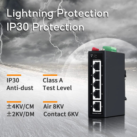 Built Tough 5 Port Industrial DIN Rail Ethernet Switch With 4 Ports And 1 Uplink, IP30 Protection, networking device for harsh environments.