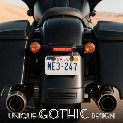Rear view of motorcycle featuring Dope Skull License Plate Screws Kit with Gothic design for bold skeleton frame decor.