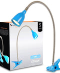 Blue LED clamp lamp with flexible neck, attached to package, labeled 'Ethan' on the box.