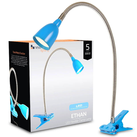 Blue LED clamp lamp with flexible neck, attached to package, labeled 'Ethan' on the box.
