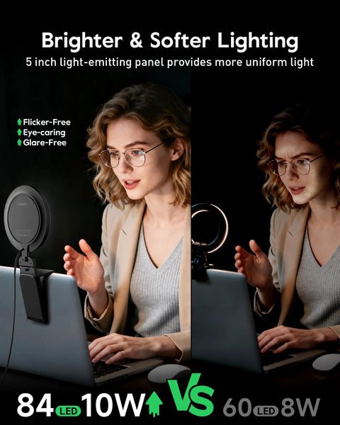 Woman using Dope Eye Friendly 5 Inch Ring Light For Computer With Flicker Free Illumination during video call on laptop