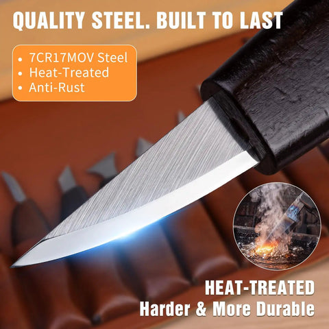 Close-up of a razor sharp knife from the Knockout Wood Carving Kit With Thirty Five Pro Grade Tools showcasing 7CR17MOV steel.