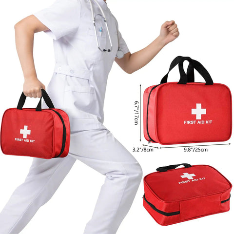 Ultimate 382 Piece Portable First Aid Kit For Home, Car, Travel, Camping And Office Compact Red Bag with nurse running