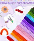 Stack of 14 colored pipe cleaners with scissors, flower, and bending instructions, part of 900 Piece Pipe Cleaners Craft Kit With 14 Colors.