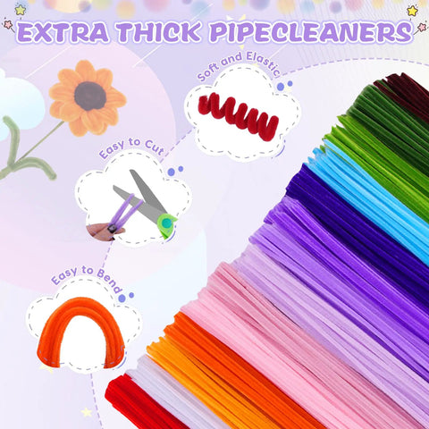 Stack of 14 colored pipe cleaners with scissors, flower, and bending instructions, part of 900 Piece Pipe Cleaners Craft Kit With 14 Colors.