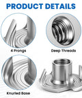 Ruggedly Crafted 1 4 20 Tee Nuts Made From Hella Durable 304 Stainless Steel 4 Prong Threaded Inserts showcasing deep threads and knurled base.