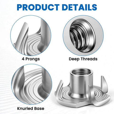 Ruggedly Crafted 1 4 20 Tee Nuts Made From Hella Durable 304 Stainless Steel 4 Prong Threaded Inserts showcasing deep threads and knurled base.