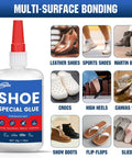 All In One Shoe Repair Glue For Boots Sneakers Heels Hiking Shoes Leather And Handbags Quick Dry Industrial Strength Bond waterproof adhesive shown with various types of shoes.