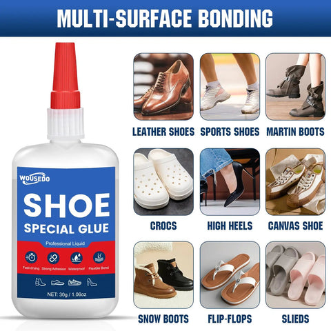 All In One Shoe Repair Glue For Boots Sneakers Heels Hiking Shoes Leather And Handbags Quick Dry Industrial Strength Bond waterproof adhesive shown with various types of shoes.