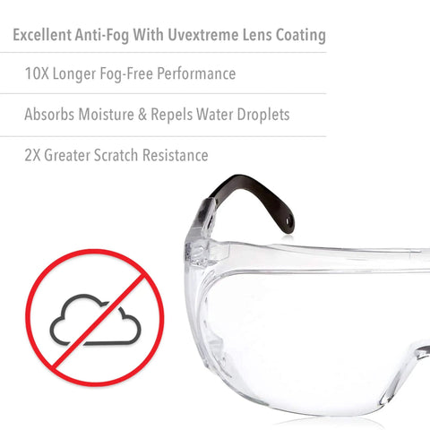 Ultra-Spec 2000 Visitor Safety Glasses With Clear Uvextreme Anti-Fog Lens for office and plant tours, partial view with text.