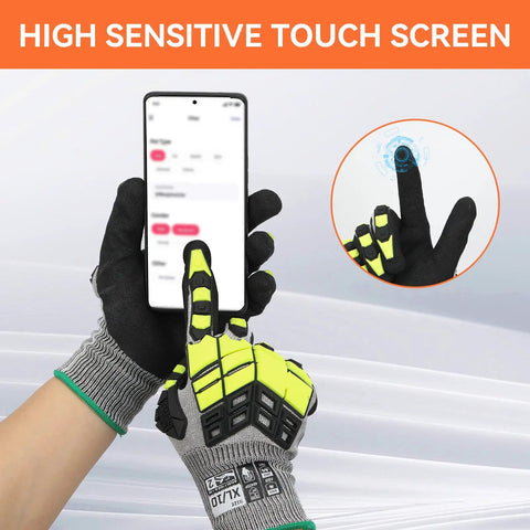Heavy Duty Work Gloves for Men and Women, Cut Resistant Non Slip Nitrile Grip, Impact Protection, Touch Screen Compatible, ANSI Level 4