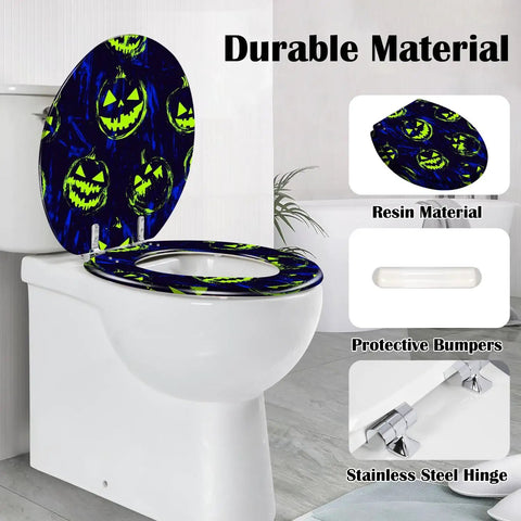 Round Resin Toilet Seat for Bathroom with Halloween design, 16.5" x 14.5", durable resin with stainless steel hinge.