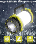 Two Pack LED Camping Lanterns That Are Lit With 1000LM, 6 Modes, Rechargeable USB C Ready, IPX5 Waterproof, shown in rain