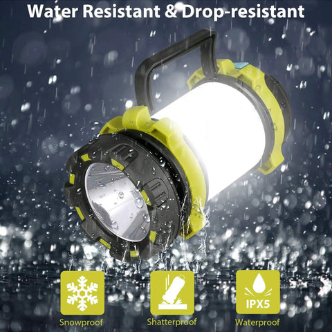 Two Pack LED Camping Lanterns That Are Lit With 1000LM, 6 Modes, Rechargeable USB C Ready, IPX5 Waterproof, shown in rain