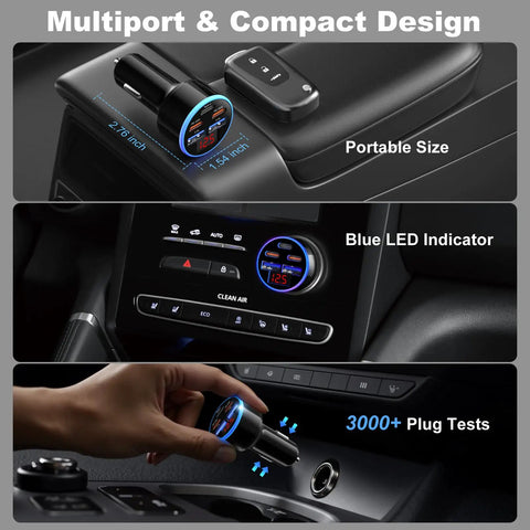 Top Shelf 90 Watt Five Port Usb C Car Charger With Dual Pd 30 W Quick Charge Ports Bringing Lightning Fast Device Refills And Smooth Highway Driving Coverage Daily, shown in car with blue LED indicator.