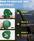 Instructions for installing batteries in Dinosaur Headlamp For Kids And Adults With Four Modes Led Headlamp For Camping, Hiking, Reading.