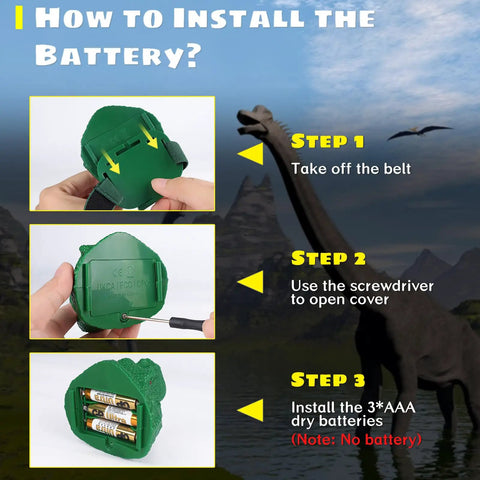 Instructions for installing batteries in Dinosaur Headlamp For Kids And Adults With Four Modes Led Headlamp For Camping, Hiking, Reading.