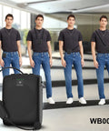 Bluetooth Voice Amplifier With Portable Speaker And Wireless Microphone For Teachers Tour Guides Public Speakers And Fitness Instructors 15W Mute Feature Gig Ready For Large Rooms WB002 displayed with a model wearing the device in different standing positions indoors.