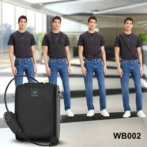 Bluetooth Voice Amplifier With Portable Speaker And Wireless Microphone For Teachers Tour Guides Public Speakers And Fitness Instructors 15W Mute Feature Gig Ready For Large Rooms WB002 displayed with a model wearing the device in different standing positions indoors.