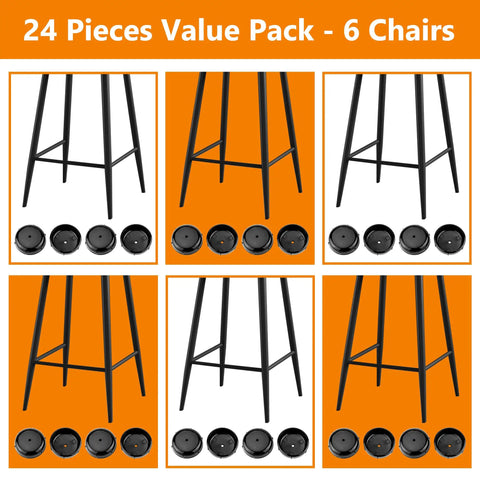 24 pieces of Rugged Wrought Iron Patio Furniture Foot Caps Scratch Resistant Scuff Guards for Metal Chairs displayed with black chairs.