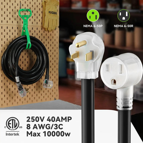 Heavy Duty 20 Foot Welder Extension Cord With 8 AWG Copper 250V NEMA 6 50 STW Power Indicator ETL Listed shown coiled and ends visible