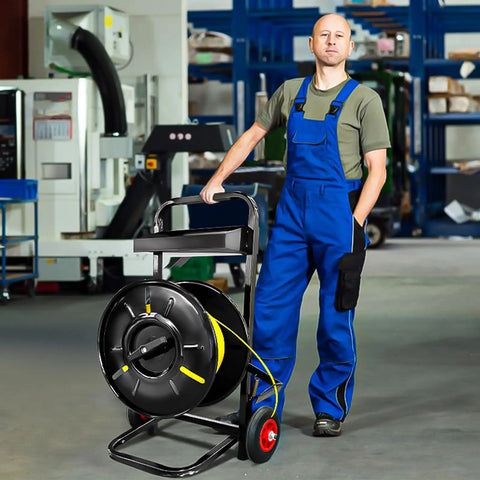 Heavy Duty Strapping Cart And Dispenser For Polypropylene Coils With Integrated Tool And Seal Tray Fits 8x8 To 10x10 Inches in a warehouse.