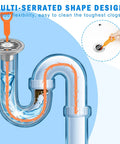 Illustration of Six Pack Hair Drain Clog Remover Tools Set with flexible plastic snakes clearing sink drain clogs.